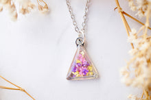 Real Dried Flowers and Resin Necklace, Silver Triangle in Pink Purple Yellow