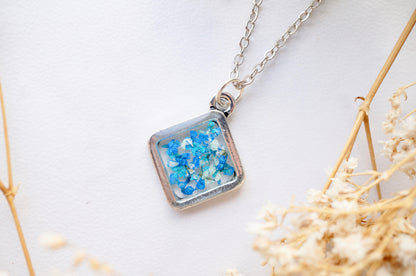 Real Dried Flowers and Resin Necklace, Silver Diamond in Blue Teal Mint