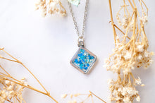 Real Dried Flowers and Resin Necklace, Silver Diamond in Blue Teal Mint