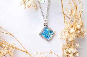 Real Dried Flowers and Resin Necklace, Silver Diamond in Blue Teal Mint