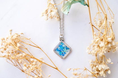 Real Dried Flowers and Resin Necklace, Silver Diamond in Blue Teal Mint