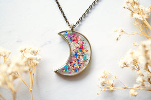 Real Dried Flowers and Resin Moon Necklace in Red Yellow Purple Green Mix