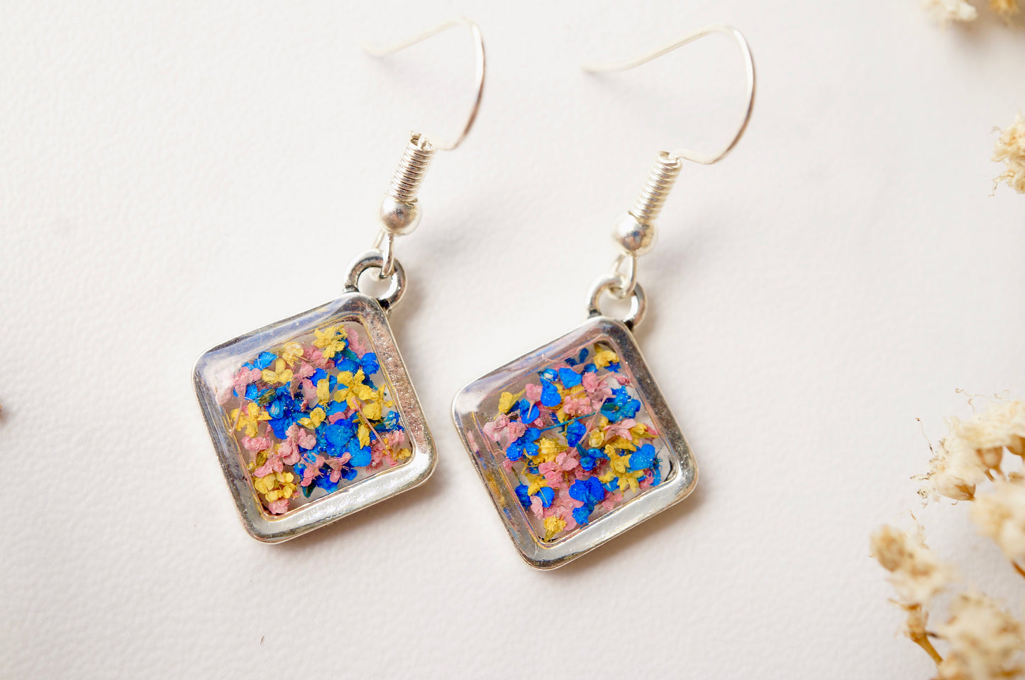 Real Dried Flowers and Resin Earrings, Silver Diamond Drops in Yellow Blue Pink