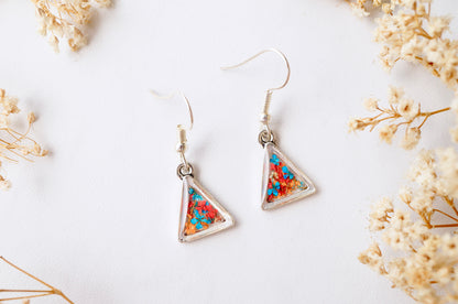 Real Dried Flowers and Resin Earrings, Silver Triangle Drops in Orange Blue Red