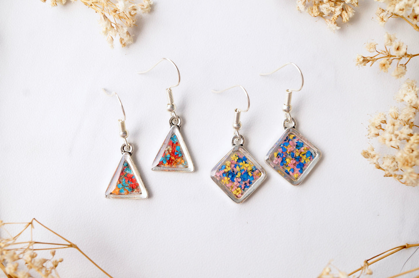 Real Dried Flowers and Resin Earrings, Silver Triangle Drops in Orange Blue Red