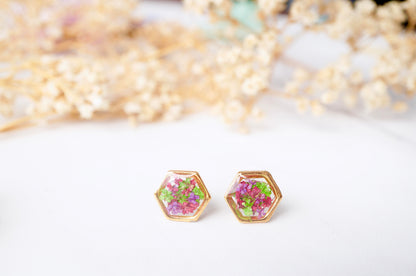 Real Dried Flowers and Resin Stud Earrings, Gold Hexagon in Red Purple Green