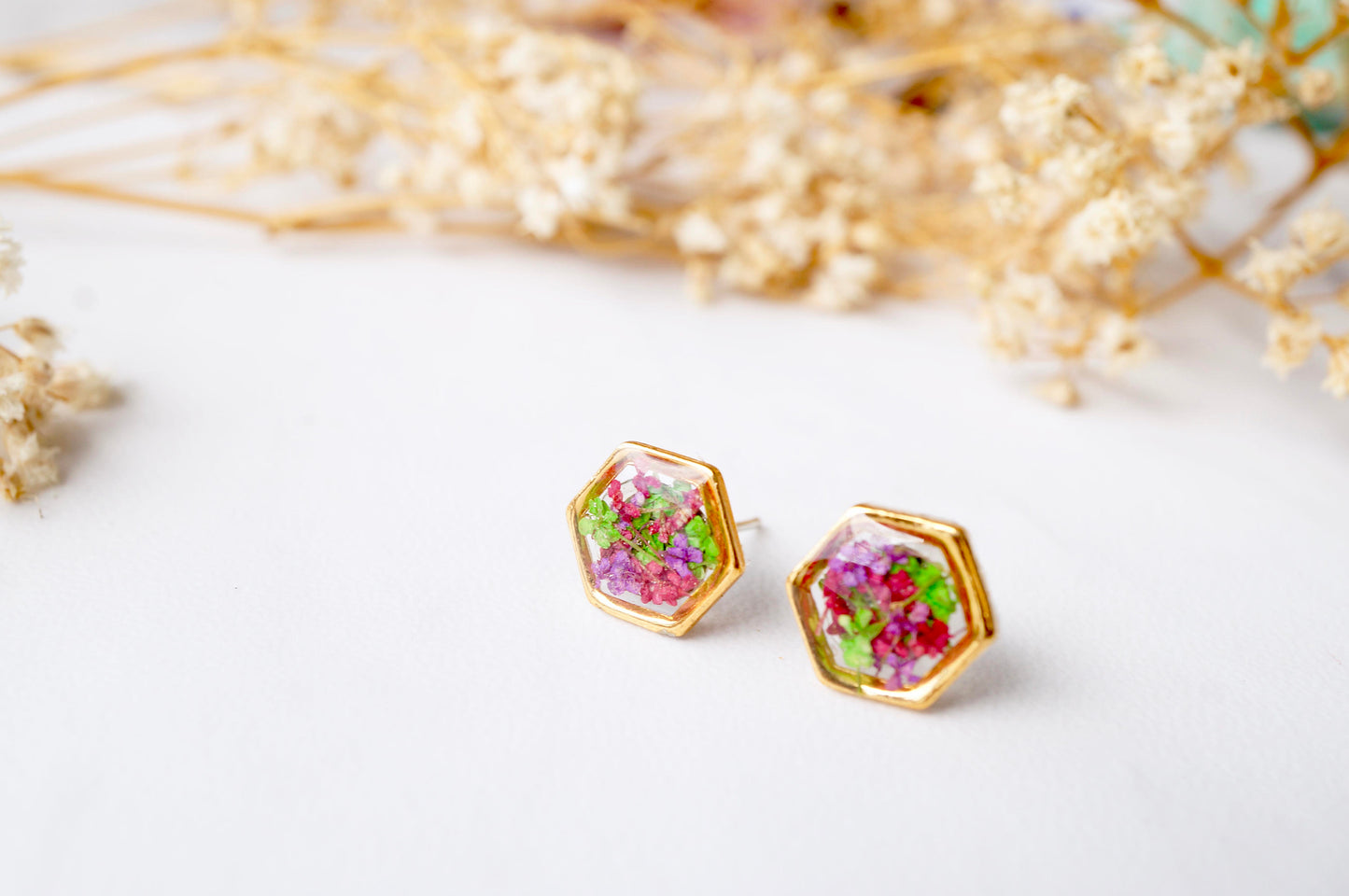 Real Dried Flowers and Resin Stud Earrings, Gold Hexagon in Red Purple Green