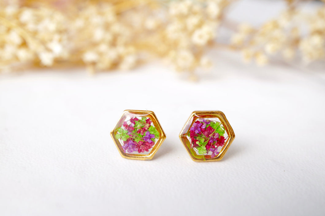 Real Dried Flowers and Resin Stud Earrings, Gold Hexagon in Red Purple Green