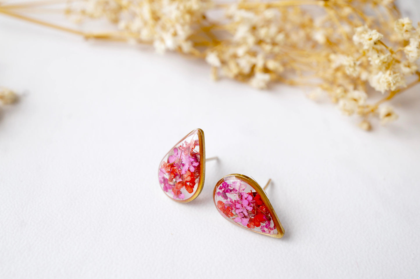 Real Dried Flowers and Resin Stud Earrings, Gold Teardrop in Red Pink Mix