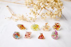 Real Dried Flowers and Resin Stud Earrings, Gold Rectangle in Yellow and Green