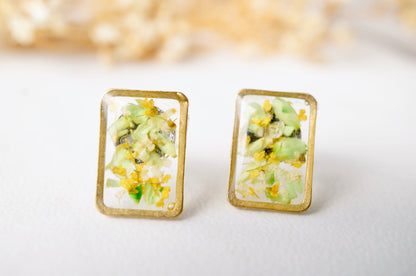 Real Dried Flowers and Resin Stud Earrings, Gold Rectangle in Yellow and Green