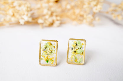 Real Dried Flowers and Resin Stud Earrings, Gold Rectangle in Yellow and Green