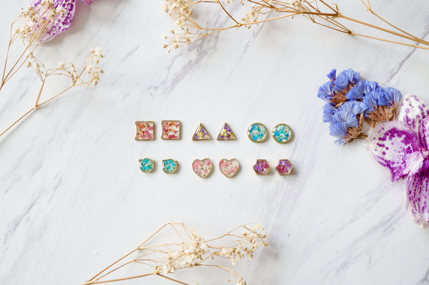 Real Dried Flowers and Resin Stud Earrings, Gold Rectangle in Yellow and Green