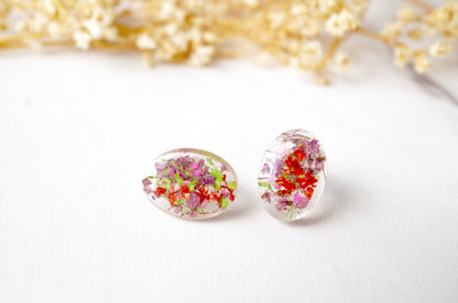 Real Dried Flowers and Resin Oval Stud Earrings in Purple Pink Red Green