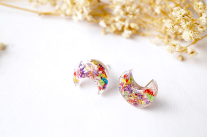 Real Dried Flowers and Resin Moon Stud Earrings in Party Mix