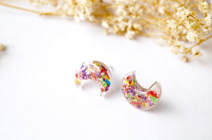 Real Pressed Flowers and Resin Celestial Moon Stud Earrings in Party Mix