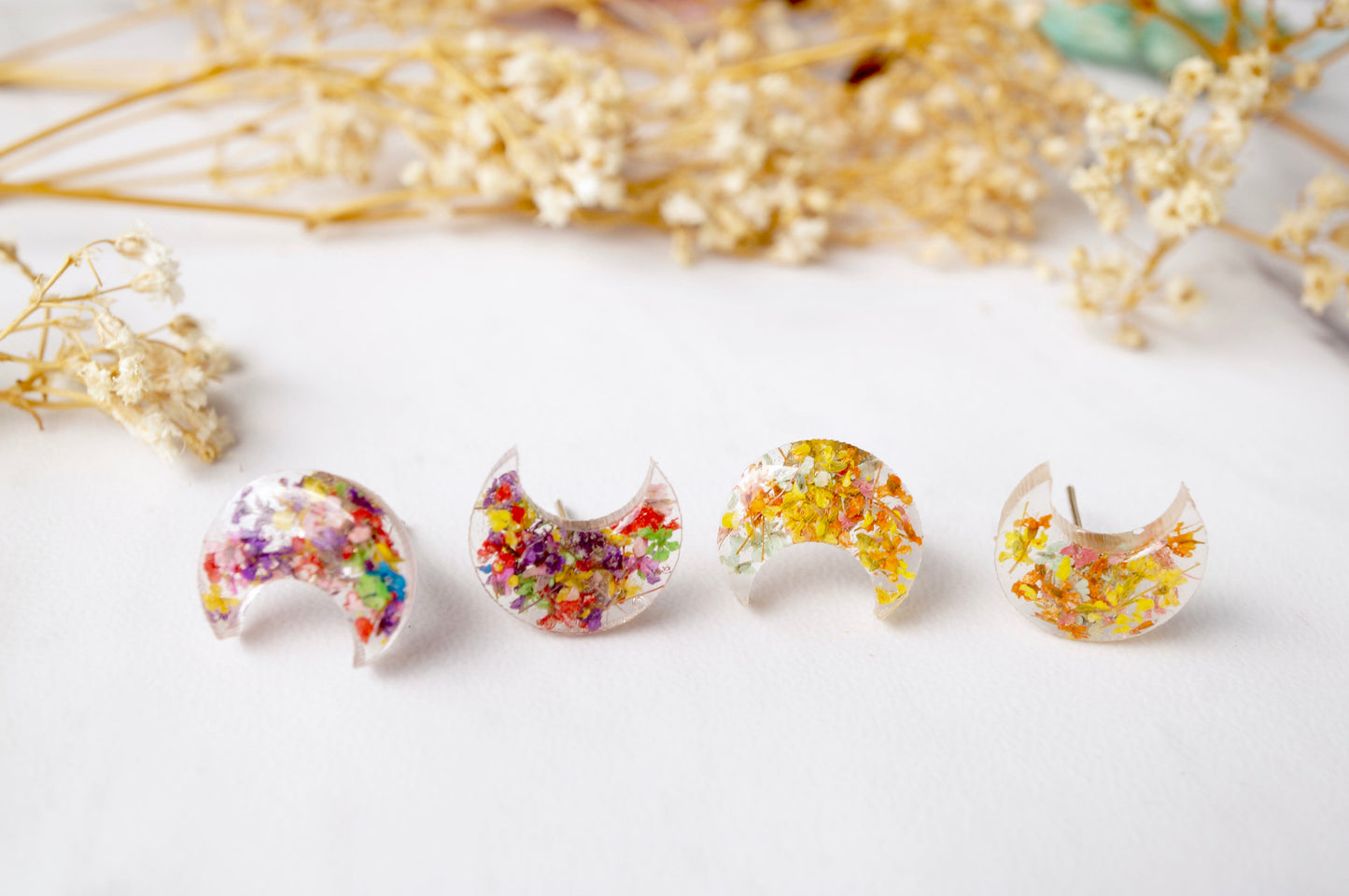 Real Dried Flowers and Resin Moon Stud Earrings in Party Mix