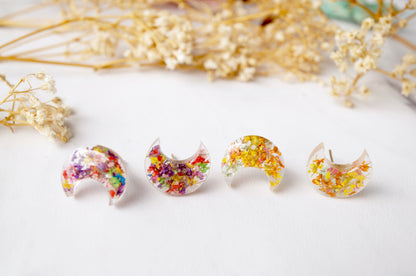 Real Dried Flowers and Resin Moon Stud Earrings in Party Mix