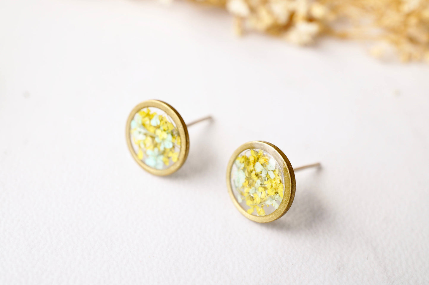 Real Dried Flowers and Resin Stud Earrings, Gold Circle in Mint and Yellow