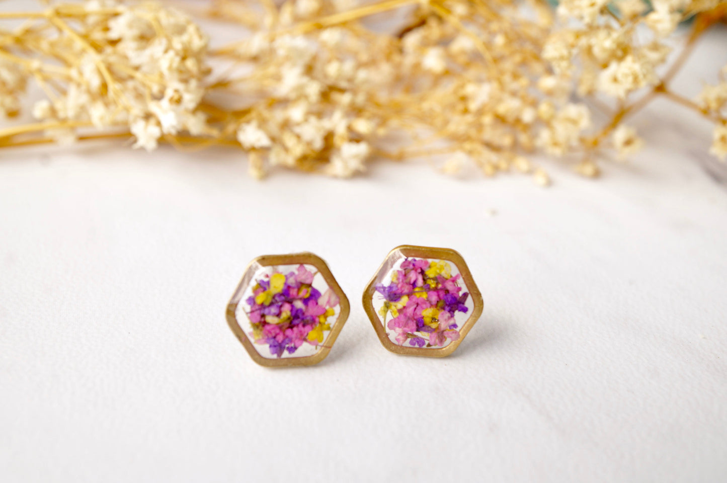 Real Dried Flowers and Resin Stud Earrings, Gold Hexagon in Purple Pink Yellow