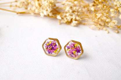 Real Dried Flowers and Resin Stud Earrings, Gold Hexagon in Purple Pink Yellow