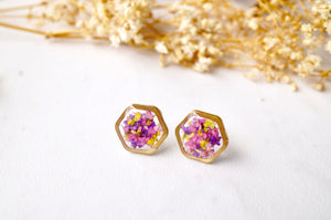 Real Dried Flowers and Resin Stud Earrings, Gold Hexagon in Purple Pink Yellow