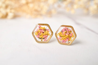 Real Dried Flowers and Resin Stud Earrings, Gold Hexagon in Pink and Yellow