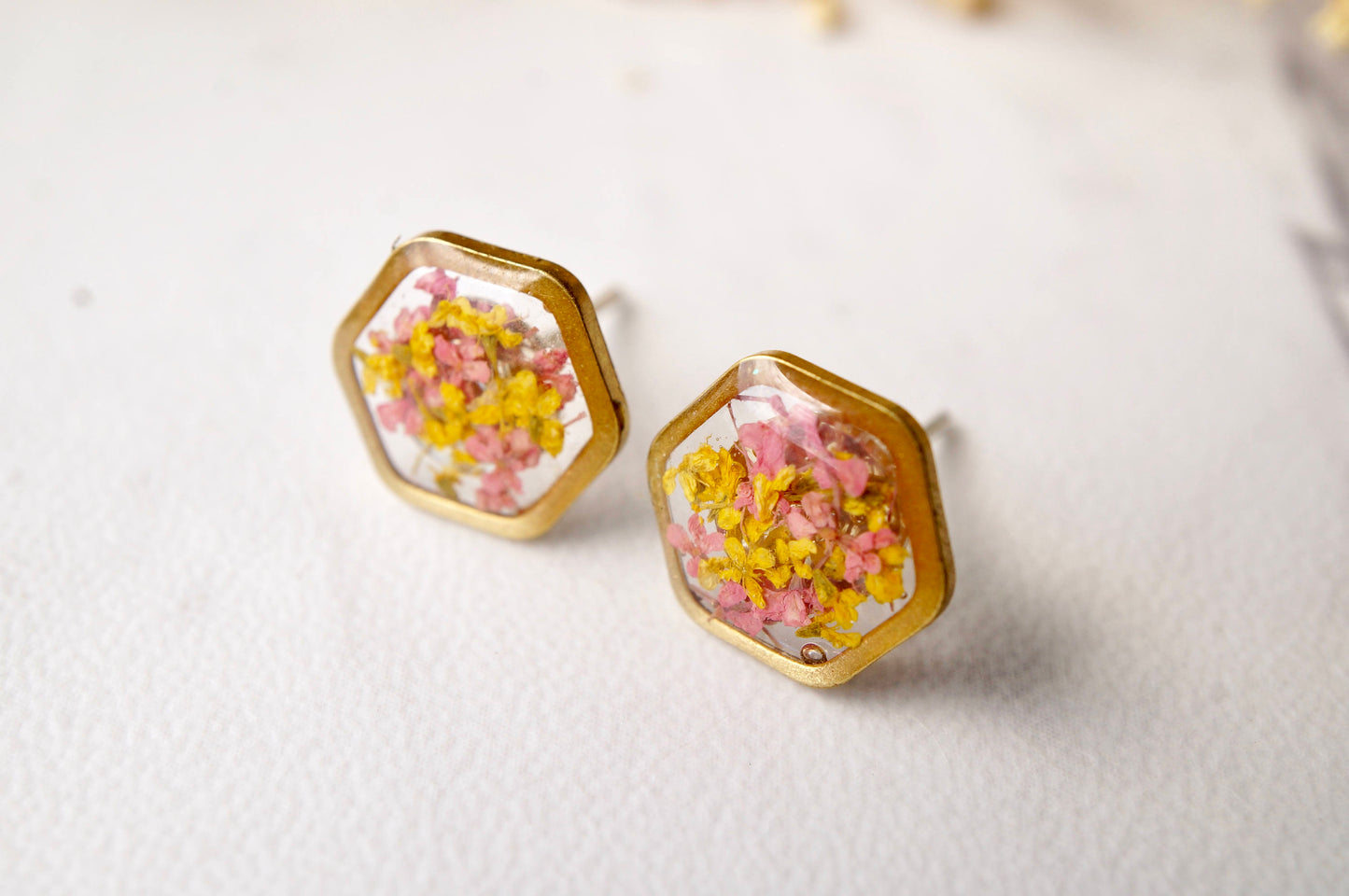 Real Dried Flowers and Resin Stud Earrings, Gold Hexagon in Pink and Yellow