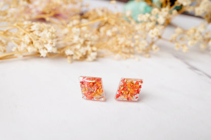 Real Dried Flowers and Resin Diamond Stud Earrings in Red and Orange