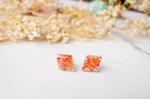 Real Dried Flowers and Resin Diamond Stud Earrings in Red and Orange