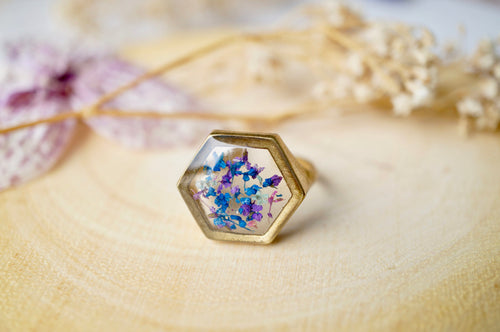 Real Pressed Flower and Resin Hexagon Gold Ring in Blue Purple Mint