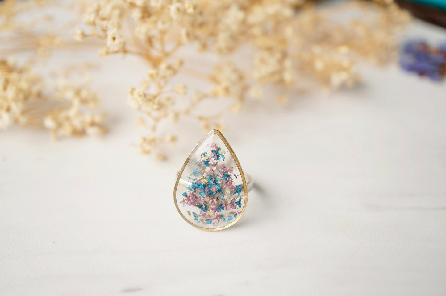 Real Pressed Flower and Resin Ring in Purple and Blue