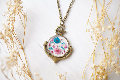 Real Dried Flowers in Resin Anchor Necklace in Pink and Blue