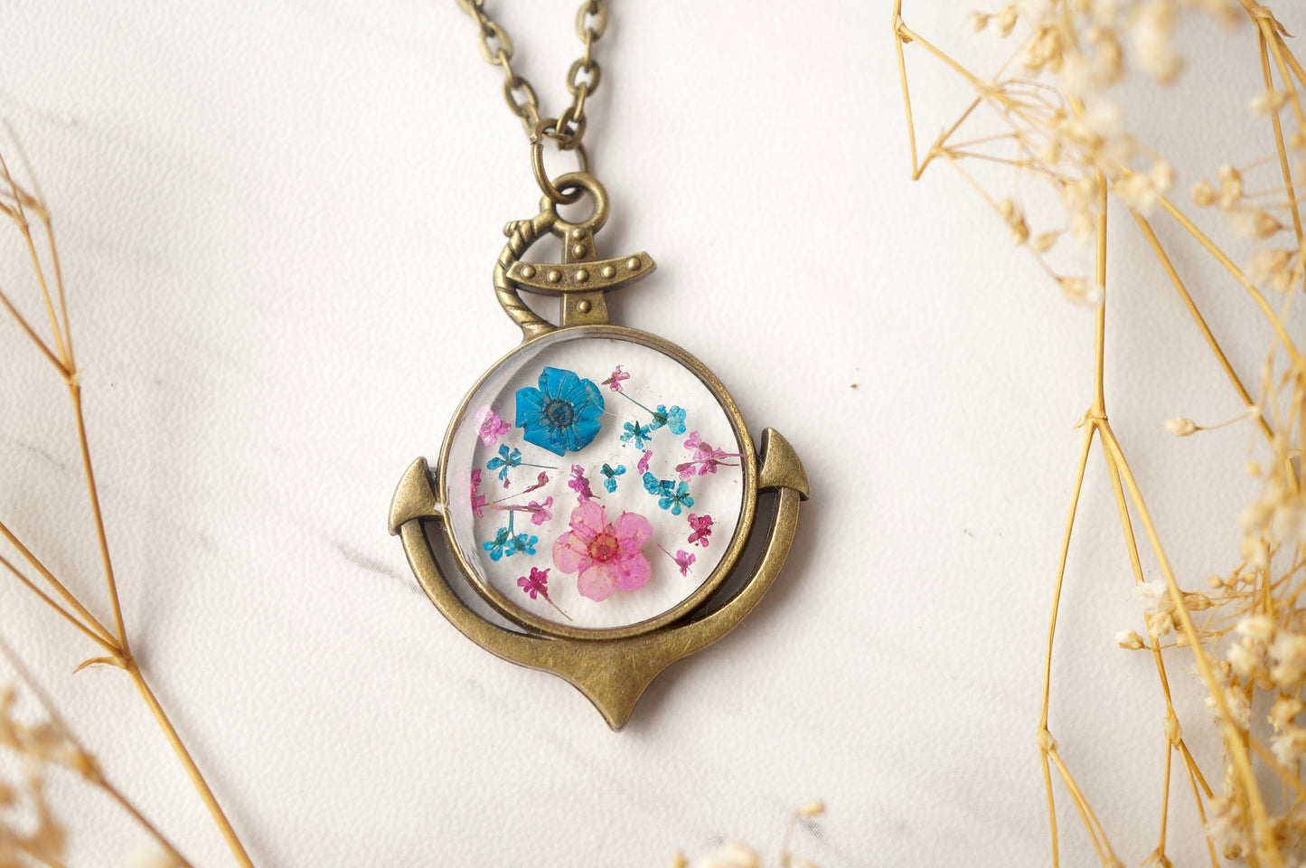 Real Dried Flowers in Resin Anchor Necklace in Pink and Blue