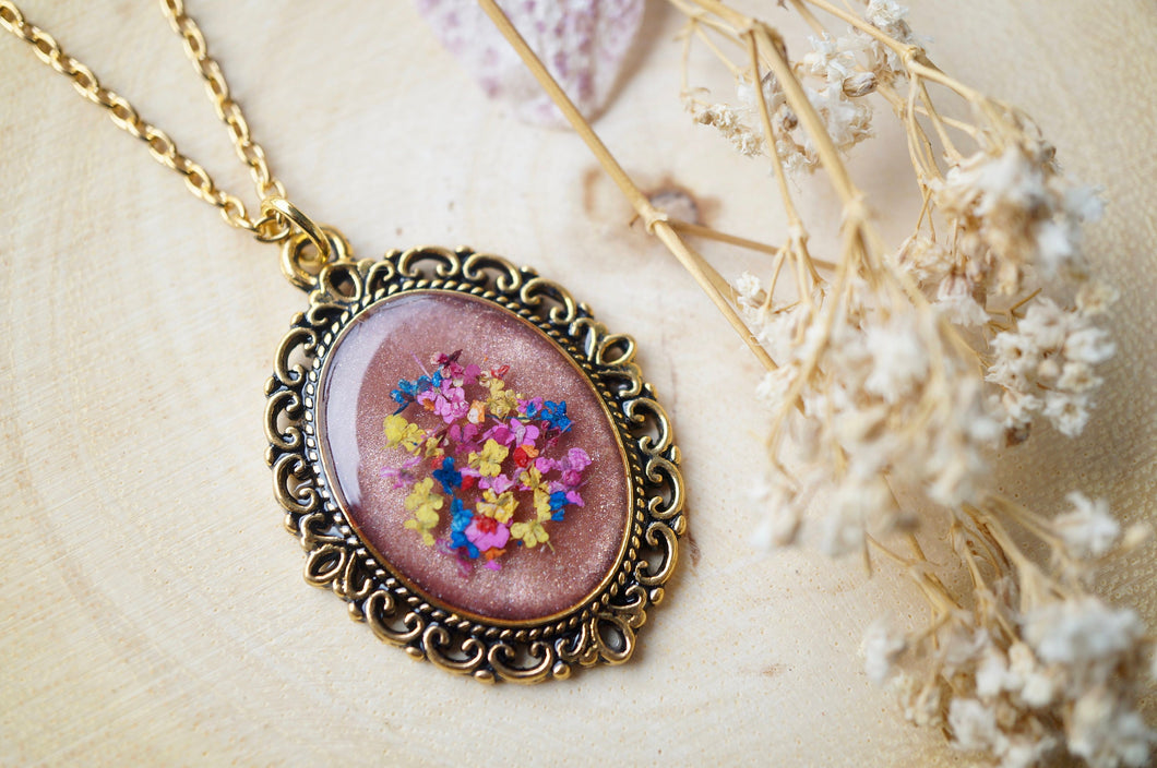 Real Pressed Flower and Resin Gold Necklace, Rose Gold in Pink Yellow Blue Red