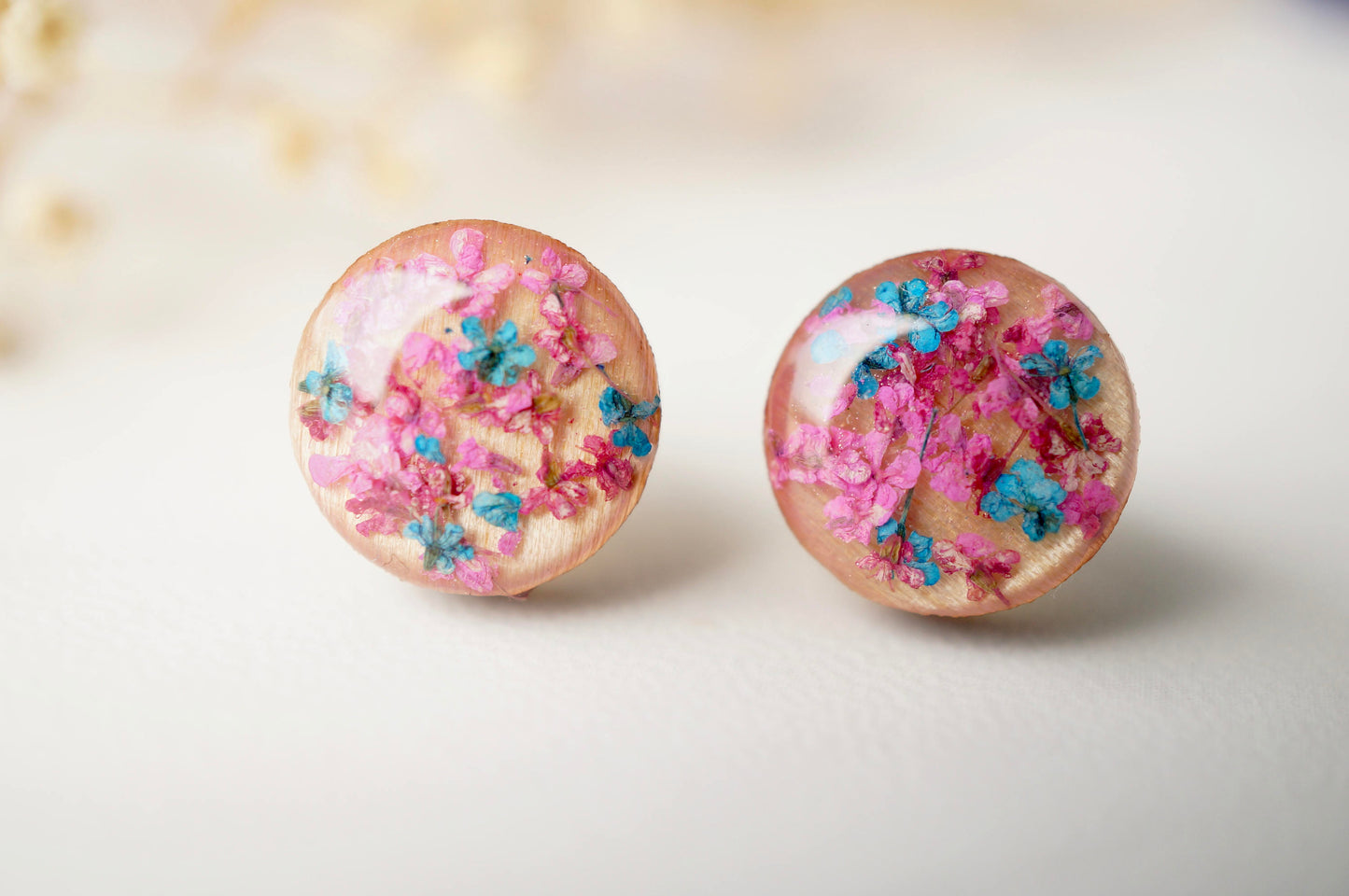 Real Dried Flowers and Resin on Wood Stud Earrings in Pink and Blue