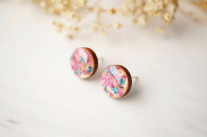 Real Dried Flowers and Resin on Wood Stud Earrings in Pink and Blue