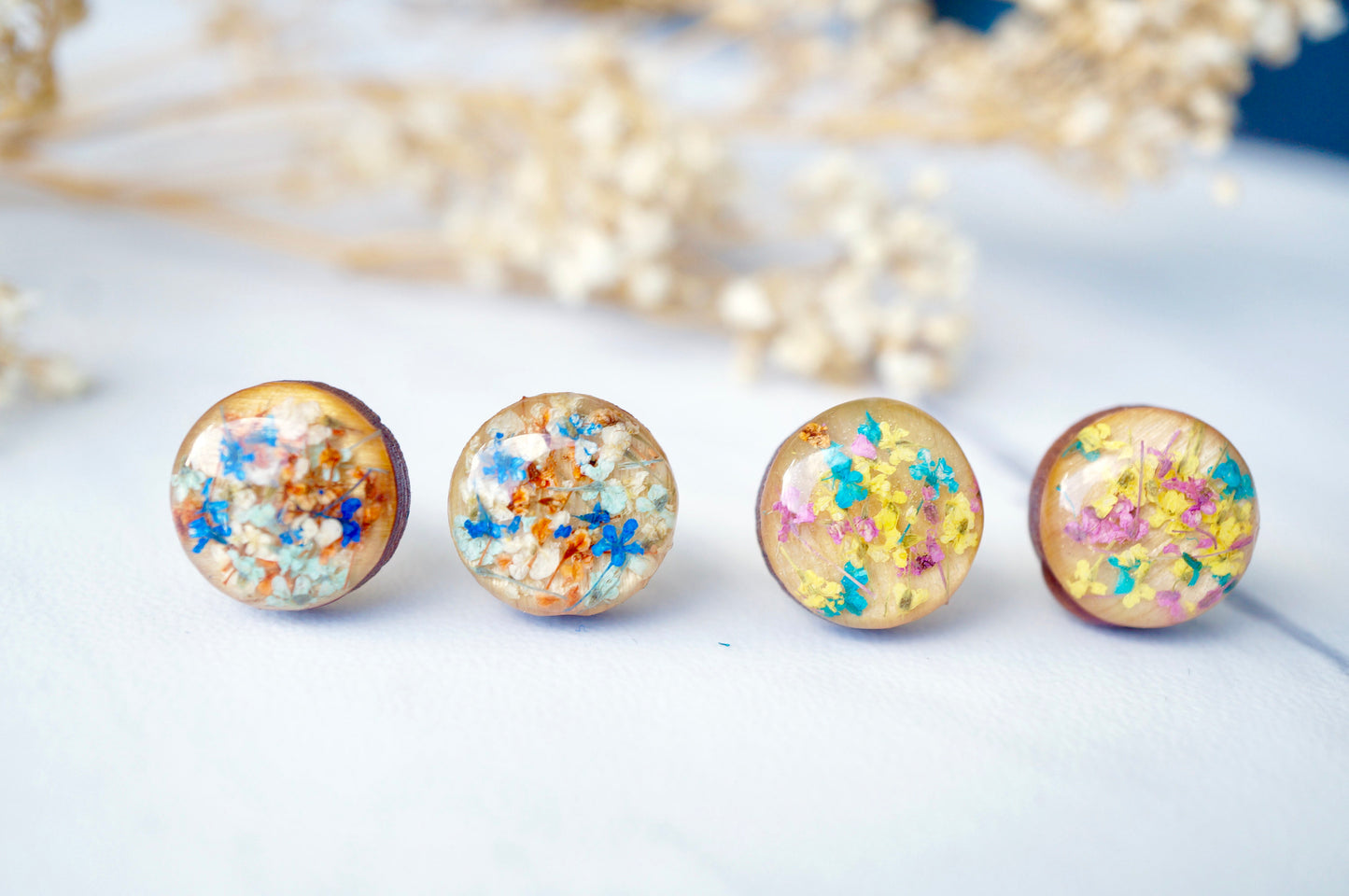 Real Dried Flowers and Resin on Wood Stud Earrings in Pink and Blue