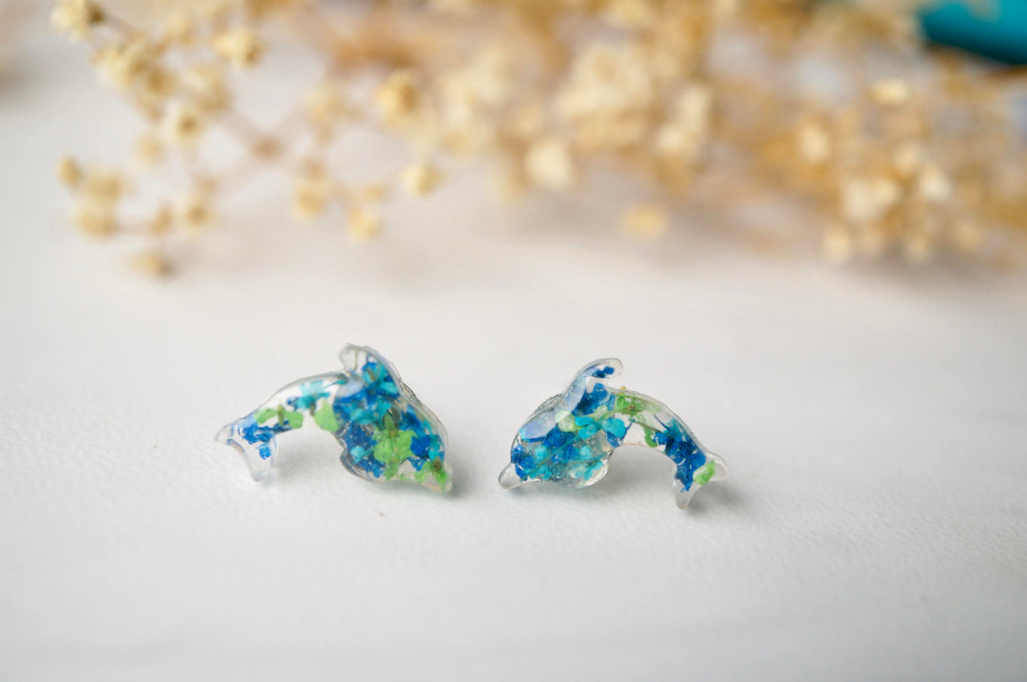 Real Dried Flowers and Resin Dolphin Stud Earrings in Greens and Blues