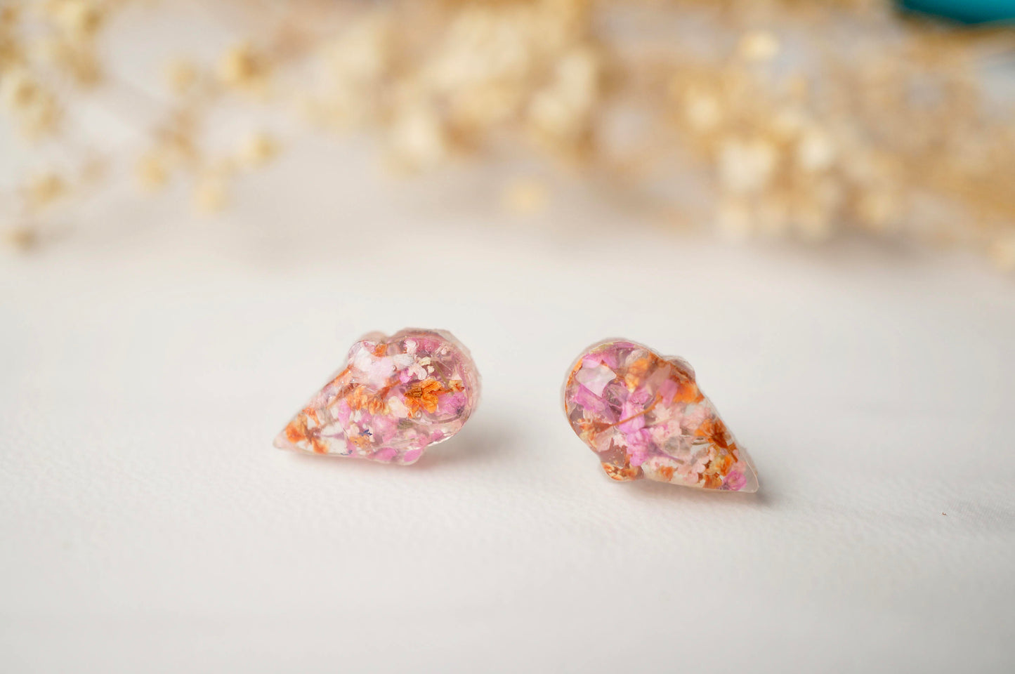 Real Dried Flowers and Resin Ice Cream Cone Earrings in Pinks and Orange