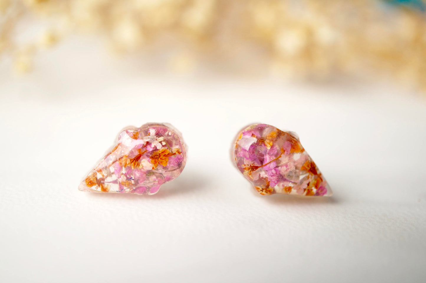 Real Dried Flowers and Resin Ice Cream Cone Earrings in Pinks and Orange