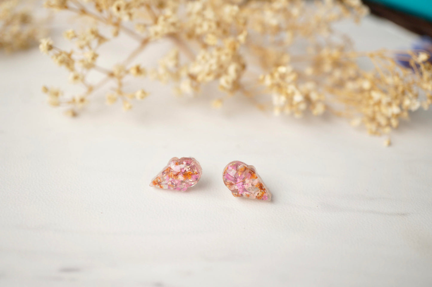 Real Dried Flowers and Resin Ice Cream Cone Earrings in Pinks and Orange