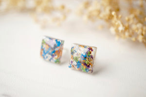 Real Dried Flowers and Resin Square Stud Earrings in Blue Mix