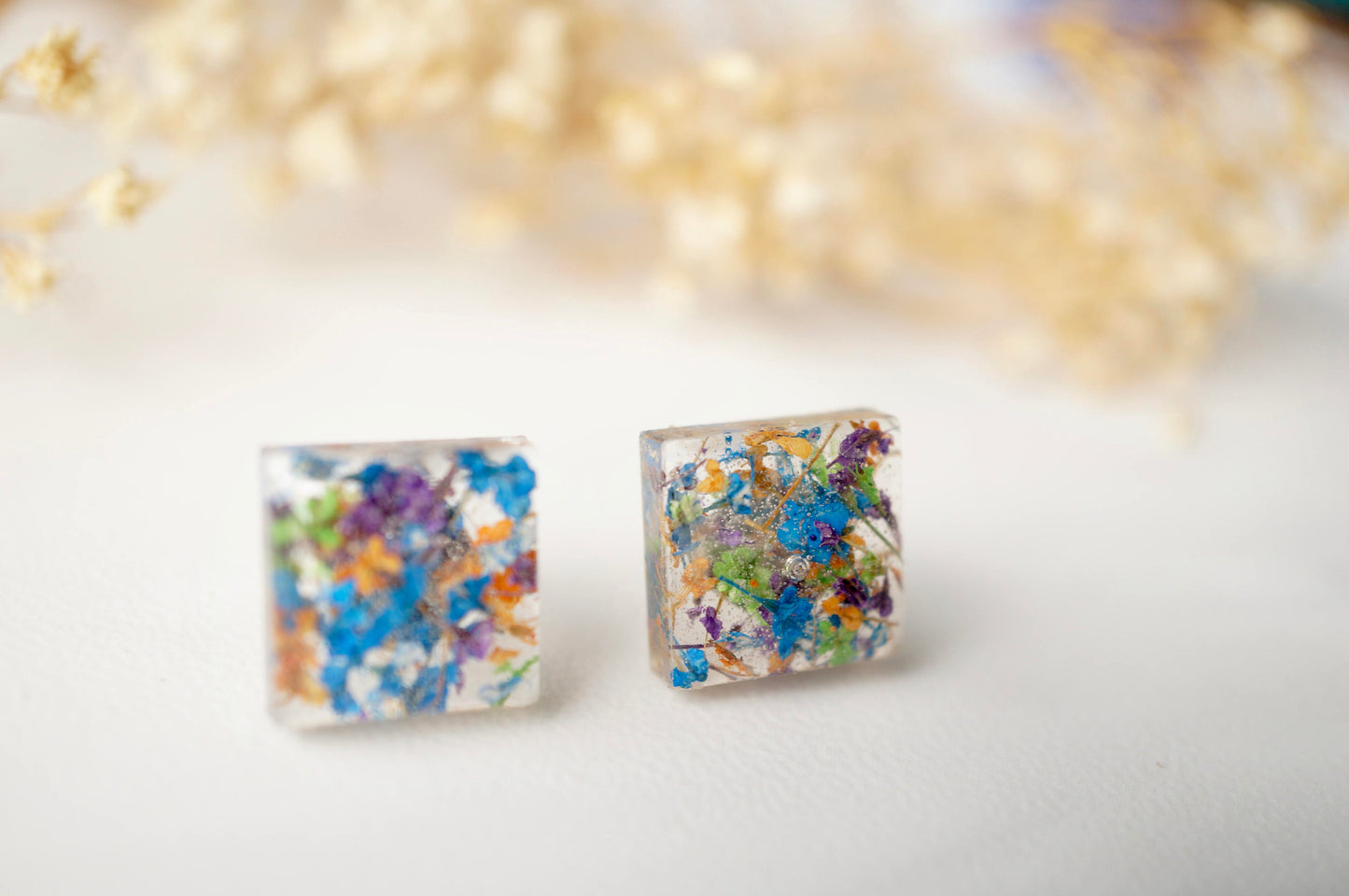 Real Dried Flowers and Resin Square Stud Earrings in Blue Mix