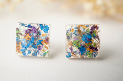 Real Dried Flowers and Resin Square Stud Earrings in Blue Mix