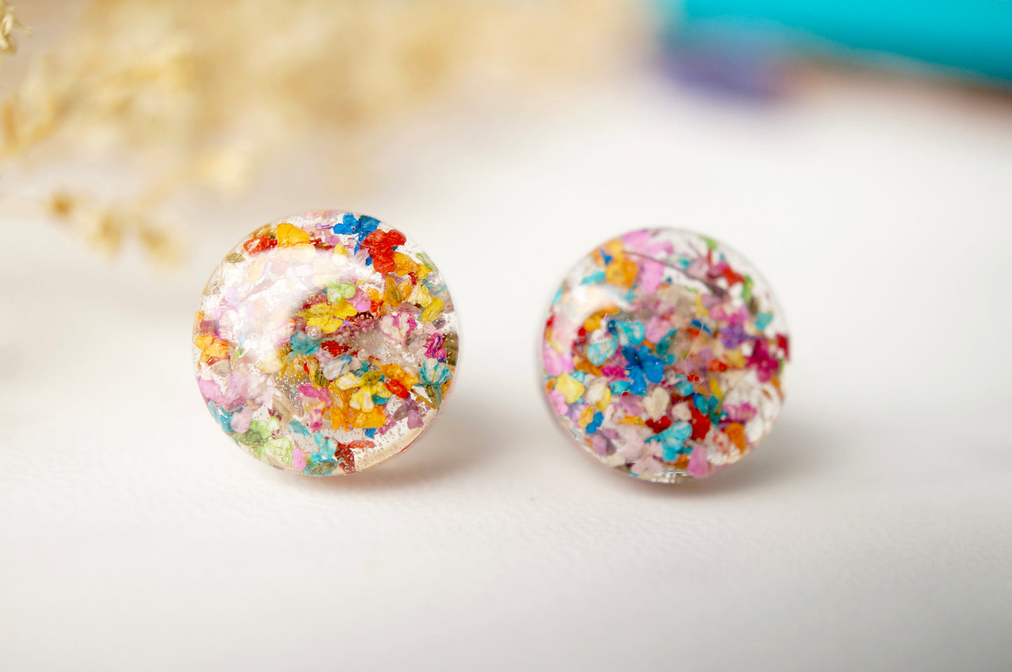 Real Dried Flowers and Resin Circle Stud Earrings in Party Mix