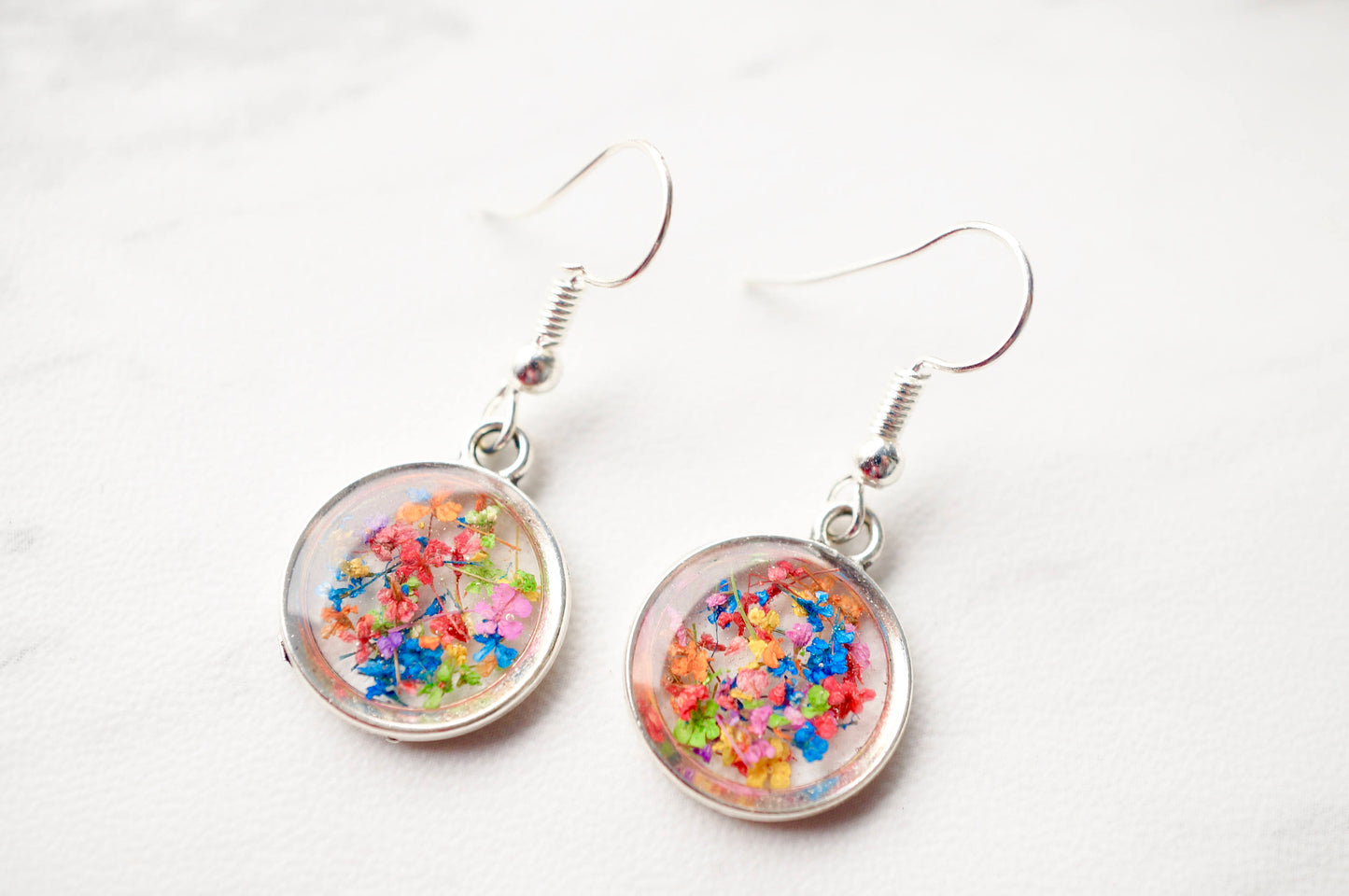 Real Dried Flowers and Resin Earrings, Silver Circle Drops in Party Mix