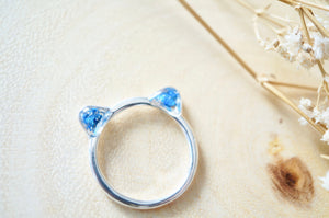 Real Pressed Flowers and Resin Cat Ring in Silver and Cobalt Blue