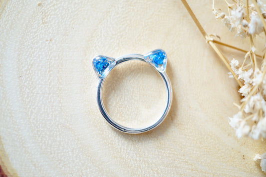 Real Pressed Flowers and Resin Cat Ring in Silver and Cobalt Blue