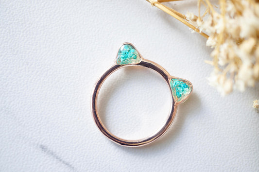 Real Pressed Flowers and Resin Cat Ring in Rose Gold and Teal